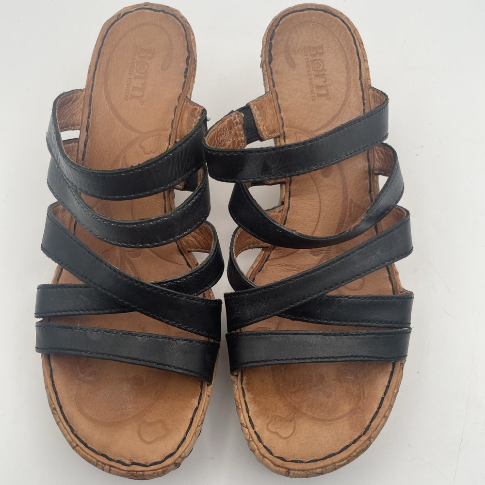 Born Women's Wedge Sandal Size 7/38 Cork Heel Platform Black Leather Strappy - Picture 2 of 9